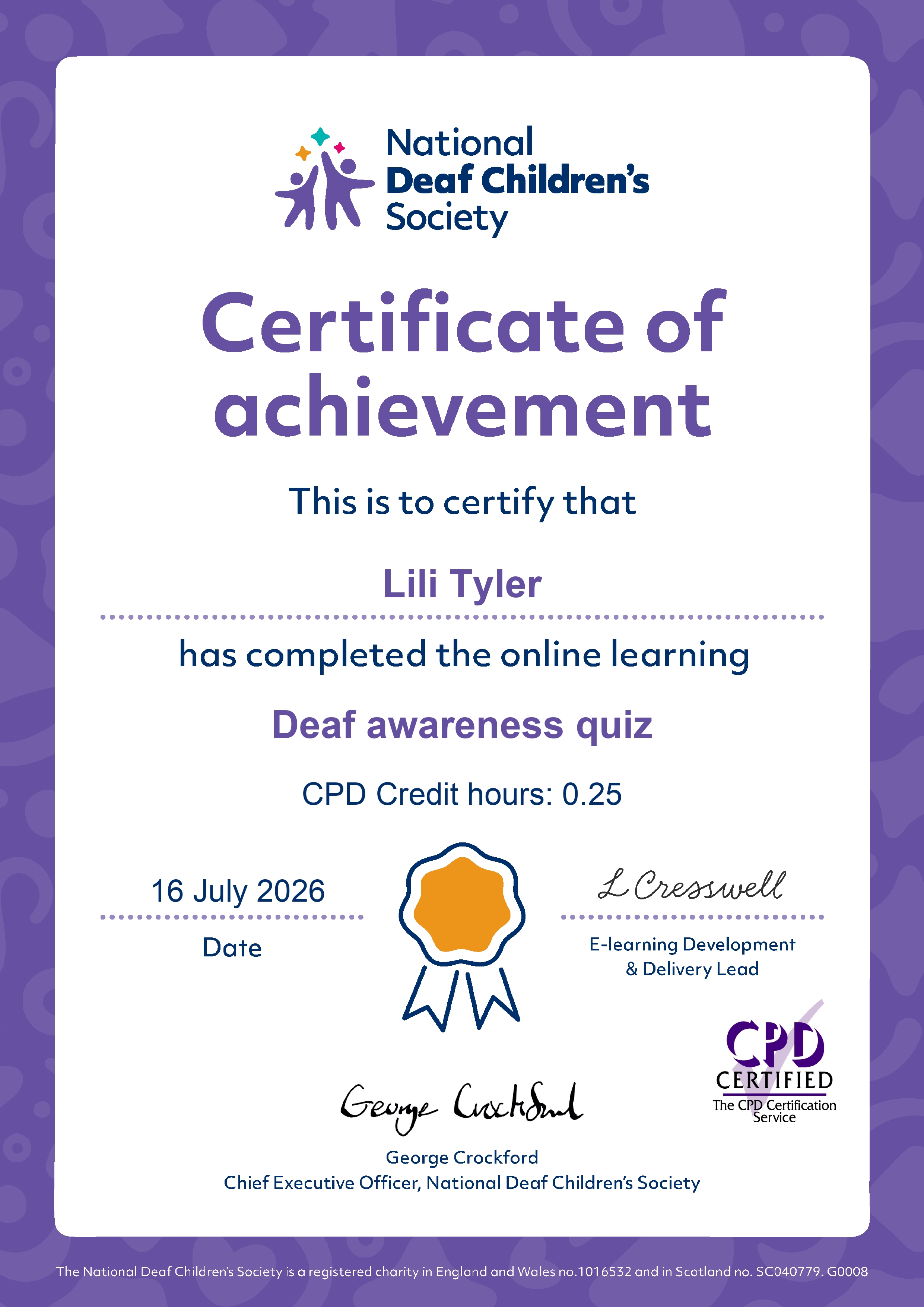 Certificate of achievement — Deaf awareness quiz (CPD certified)